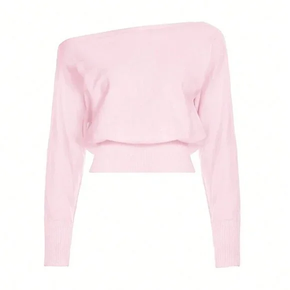 Pink Casual Women's Asymmetric Shoulder Sweater - Picture 4 of 8